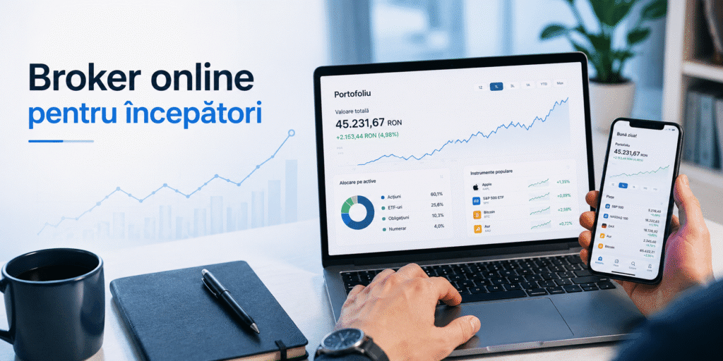 Broker online pentru începători ilustrat printr-un laptop și un telefon cu platforme de investiții și portofoliu financiar digital.