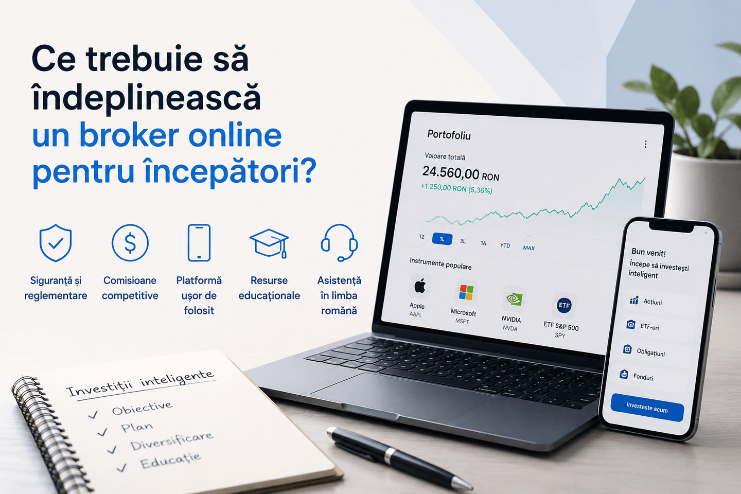 Criterii importante pentru alegerea unui broker online pentru începători: reglementare, comisioane, platformă și suport pentru clienți.