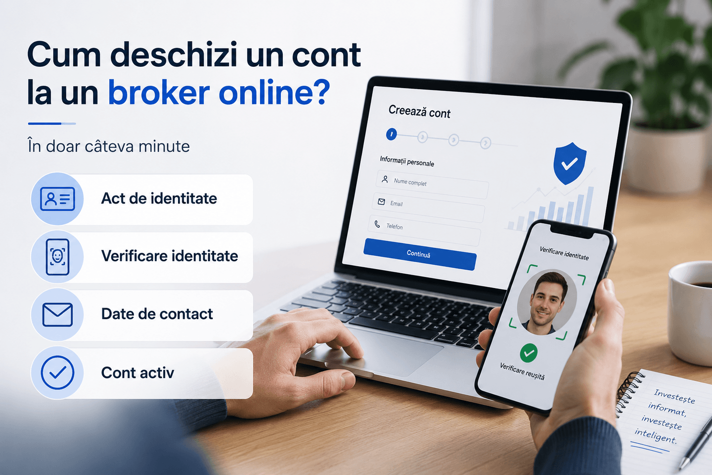 Procesul de deschidere a unui cont la un broker online, de la verificarea identității până la activarea contului.