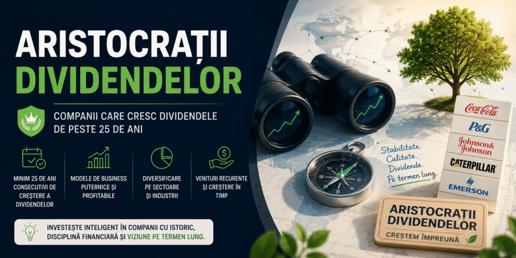 Aristocrații dividendelor 2026 – companii din S&P 500 cu minimum 25 de ani consecutivi de creștere a dividendelor.