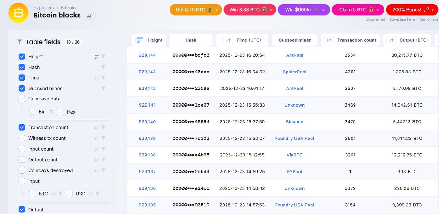 blocuri Bitcoin pe Blockchair