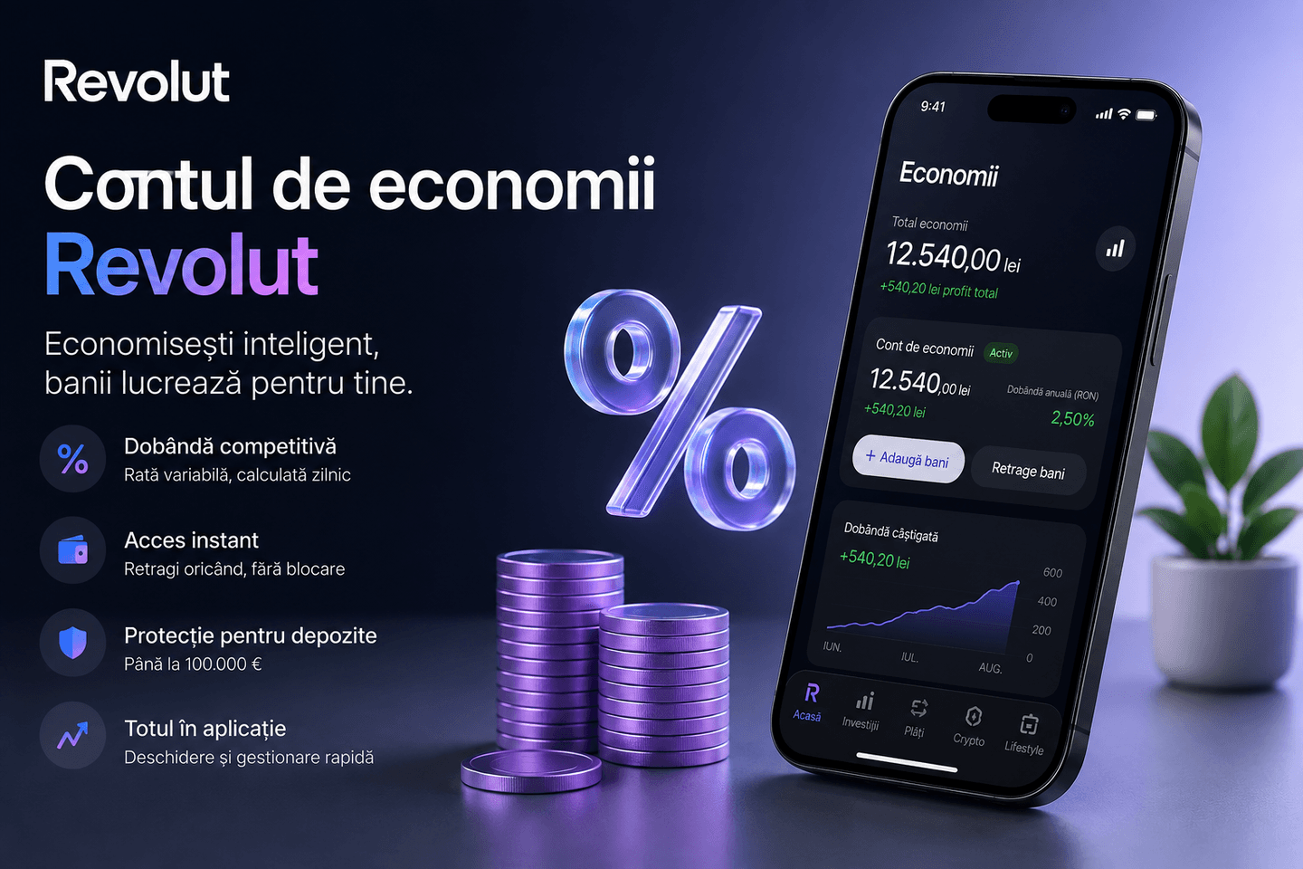 Cont de economii Revolut – dobândă, acces la bani și protecția depozitelor