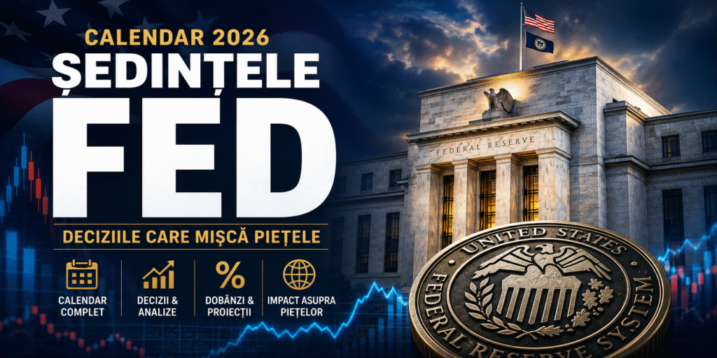 Calendarul ședințelor FED 2026, cu Federal Reserve și evoluția dobânzilor de politică monetară.