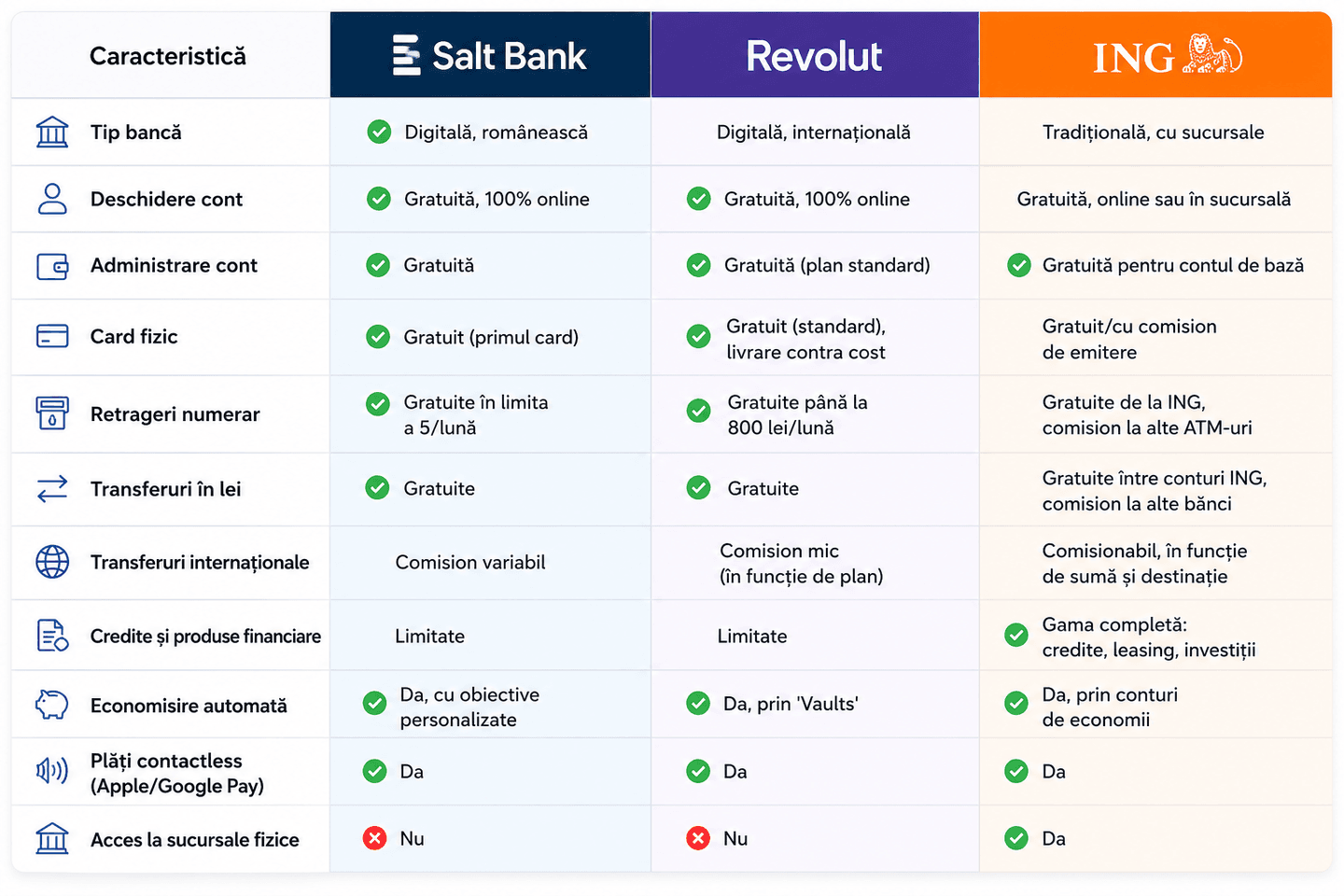 Tabel comparativ Salt Bank vs Revolut vs ING Bank: comisioane, carduri, transferuri și funcționalități în 2026.