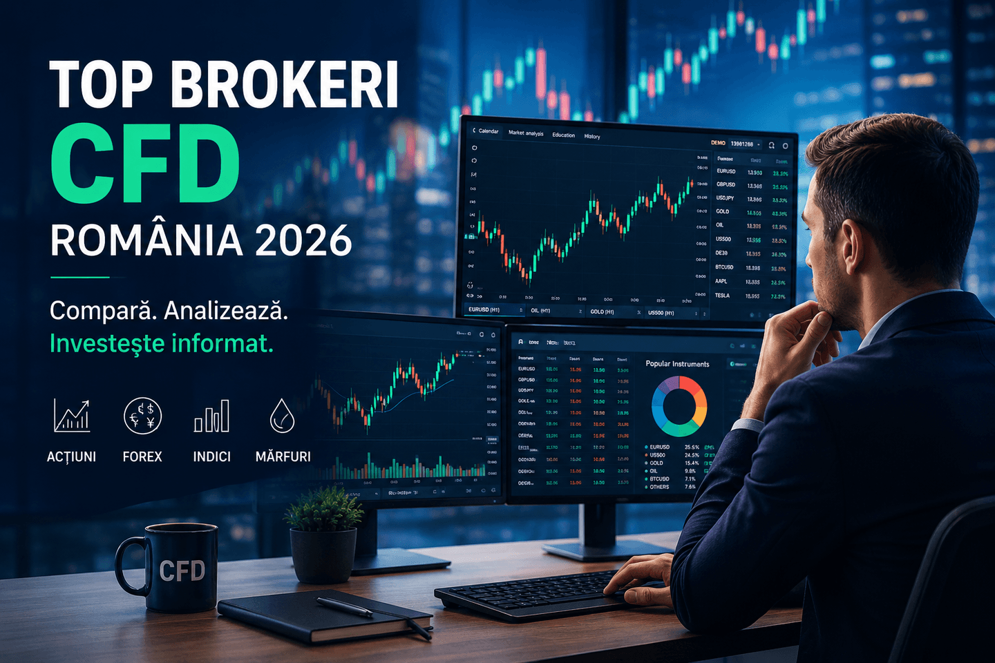 Comparație între brokeri CFD în România pentru tranzacționarea acțiunilor, Forex, indicilor și mărfurilor în 2026