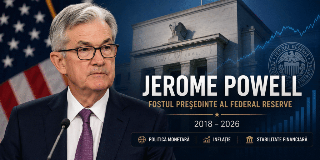 Jerome Powell, fostul președinte al Federal Reserve (2018–2026), în fața clădirii Fed, cu elemente grafice despre politica monetară, inflație și piețele financiare.