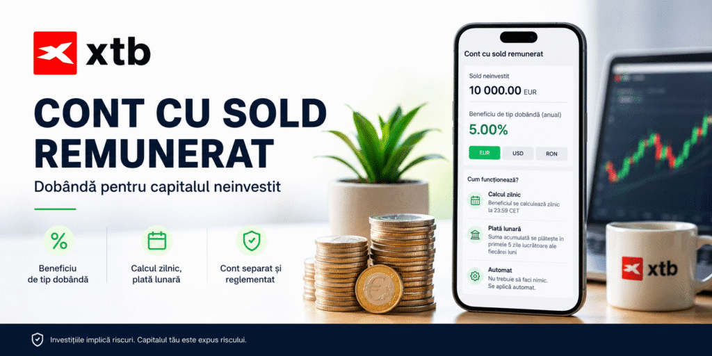 Contul cu sold remunerat de la XTB, care oferă remunerație pentru fondurile neinvestite din contul de tranzacționare.