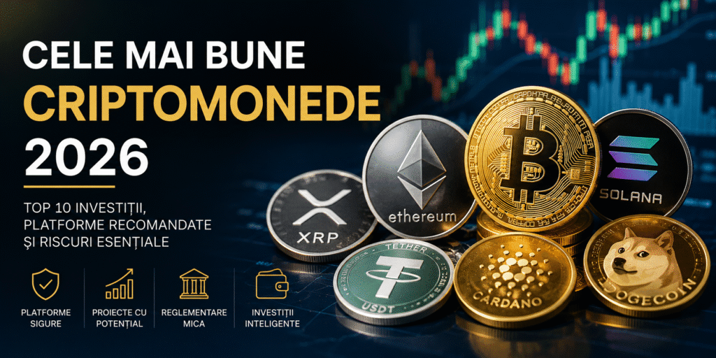 Cele mai bune criptomonede pentru investiții în 2026: Bitcoin, Ethereum, Solana, XRP, Cardano și Dogecoin.