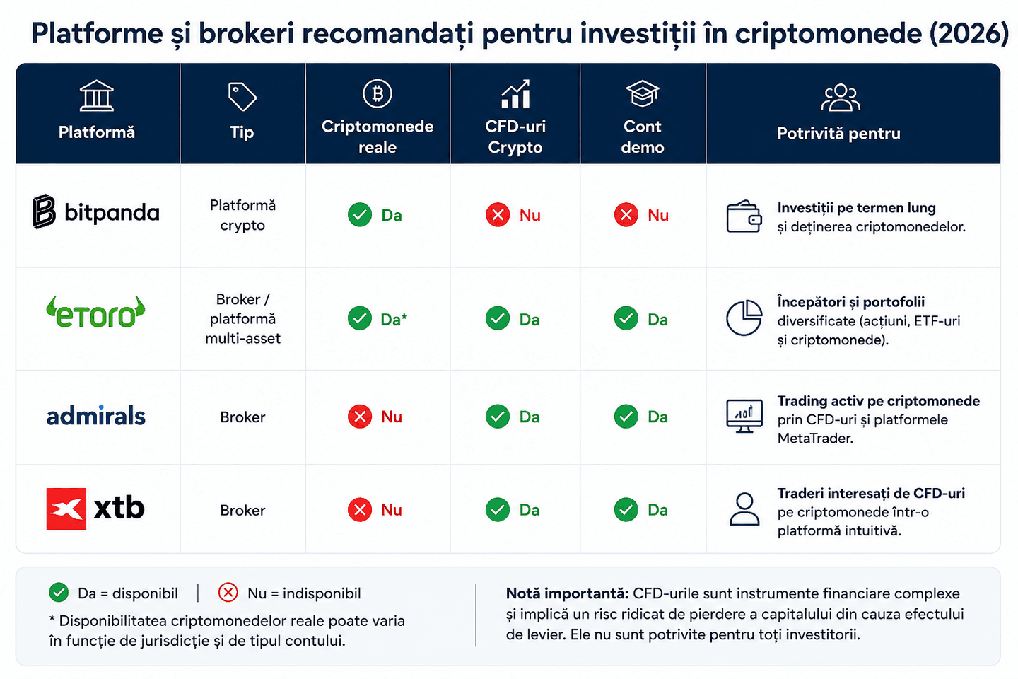 Comparație între Bitpanda, eToro, Admirals și XTB pentru investiții în criptomonede în România în 2026.