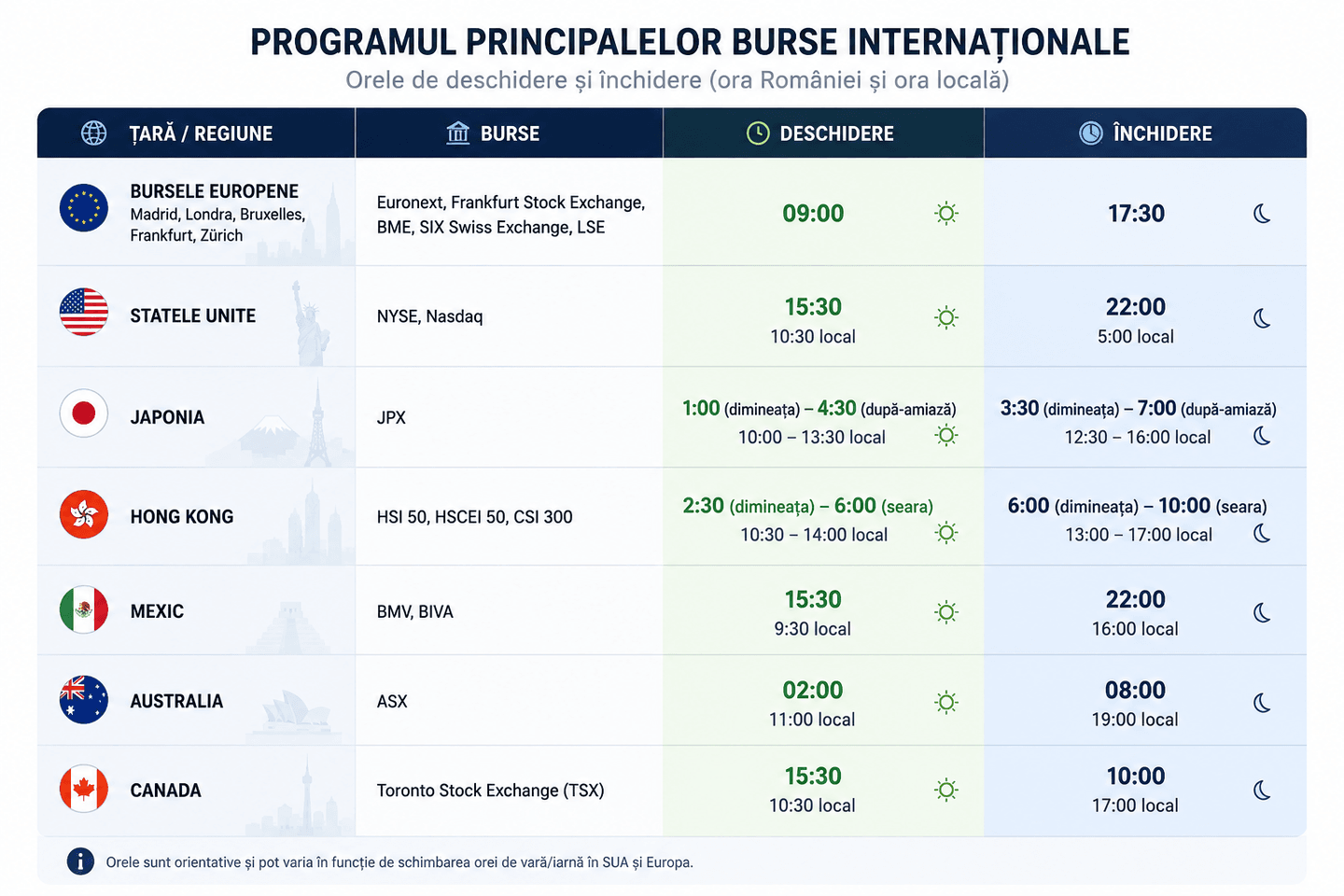 Programul de deschidere și închidere al principalelor burse internaționale